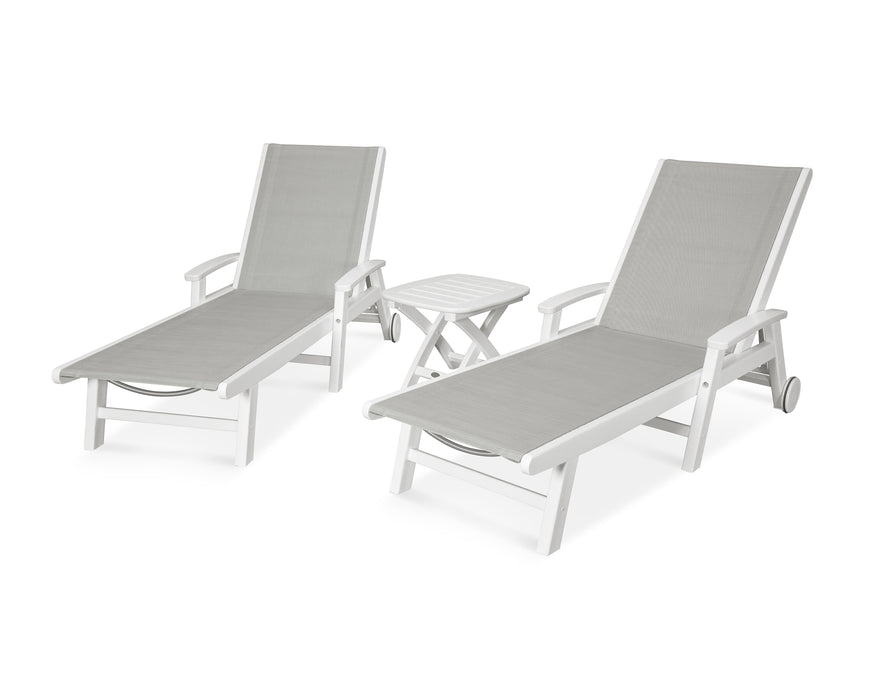 POLYWOOD Coastal 3-Piece Wheeled Chaise Set in White / Metallic Sling