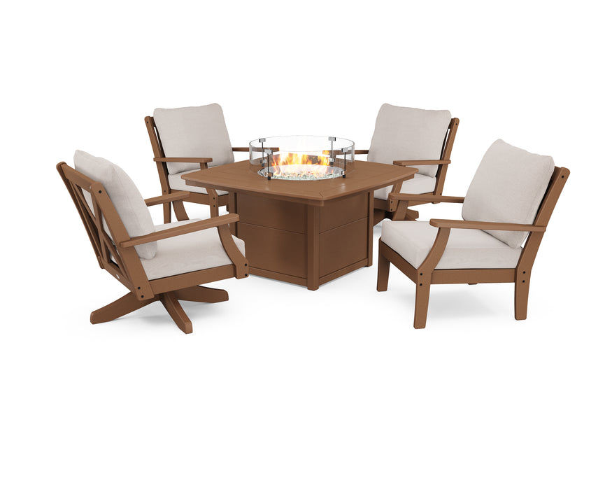 POLYWOOD Braxton 5-Piece Deep Seating Set with Fire Table in Teak / Dune Burlap