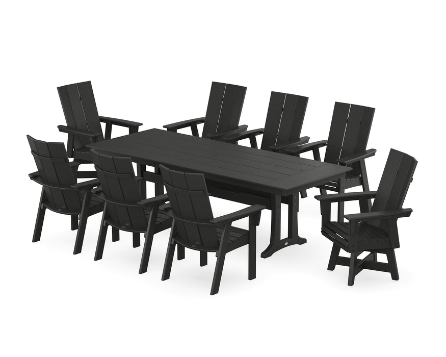 POLYWOOD Modern Curveback Adirondack Swivel 9-Piece Farmhouse Dining Set with Trestle Legs in Black image