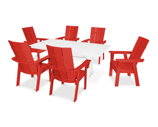 POLYWOOD Modern Curveback Adirondack 7-Piece Farmhouse Dining Set with Trestle Legs in Sunset Red / White image