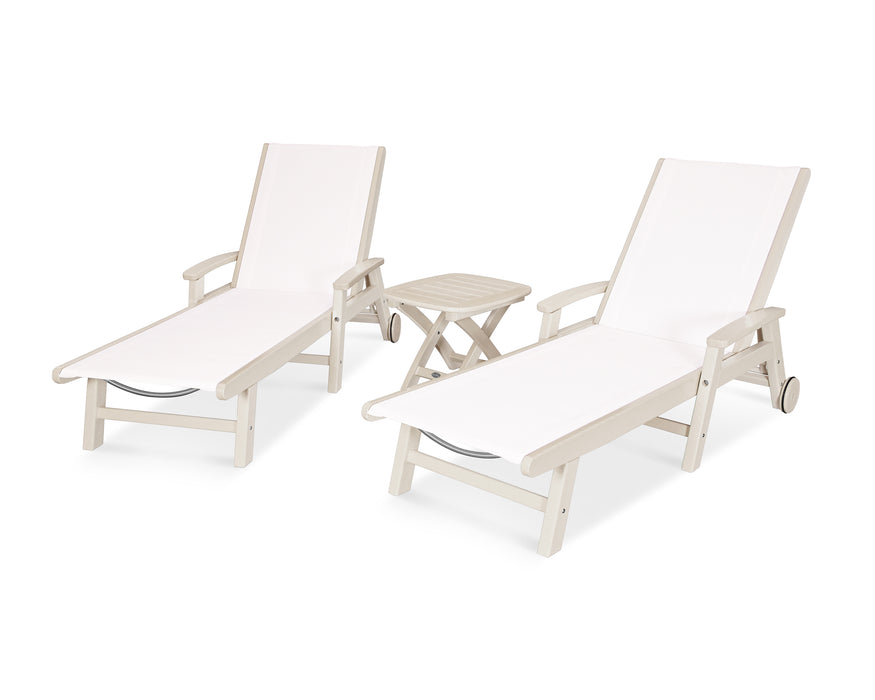 POLYWOOD Coastal 3-Piece Wheeled Chaise Set in Sand / White Sling