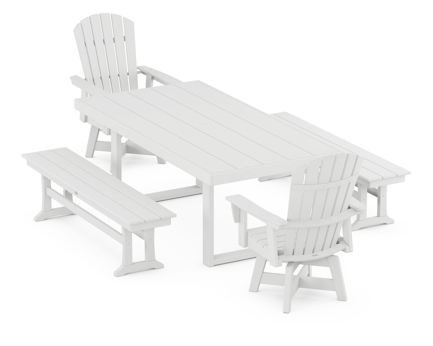 POLYWOOD Nautical Curveback Adirondack Swivel Chair 5-Piece Dining Set with Benches in White image