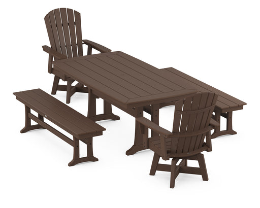 POLYWOOD Nautical Curveback Adirondack Swivel Chair 5-Piece Dining Set with Trestle Legs and Benches in Mahogany image