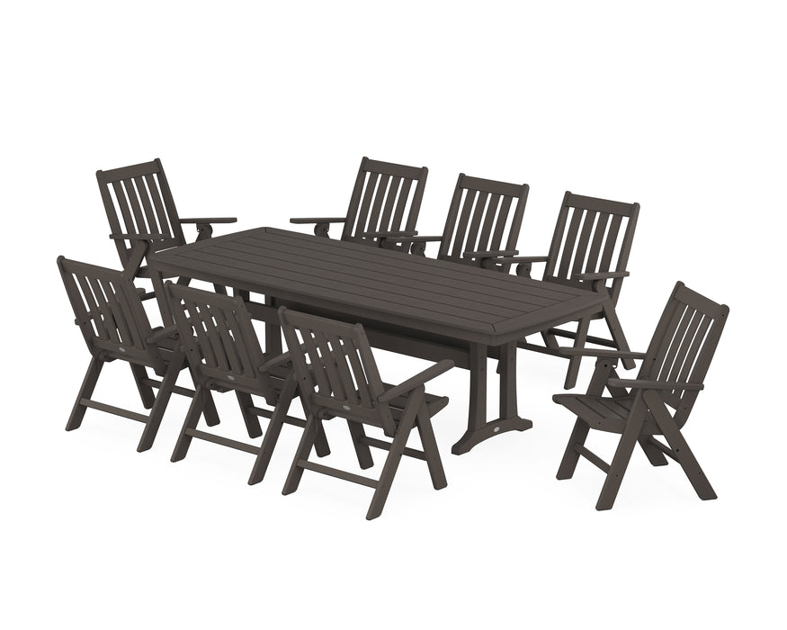 POLYWOOD Vineyard Folding 9-Piece Dining Set with Trestle Legs in Vintage Coffee