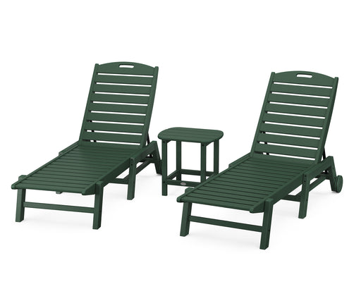 POLYWOOD Nautical 3-Piece Chaise Lounge with Wheels Set with South Beach 18" Side Table in Green image