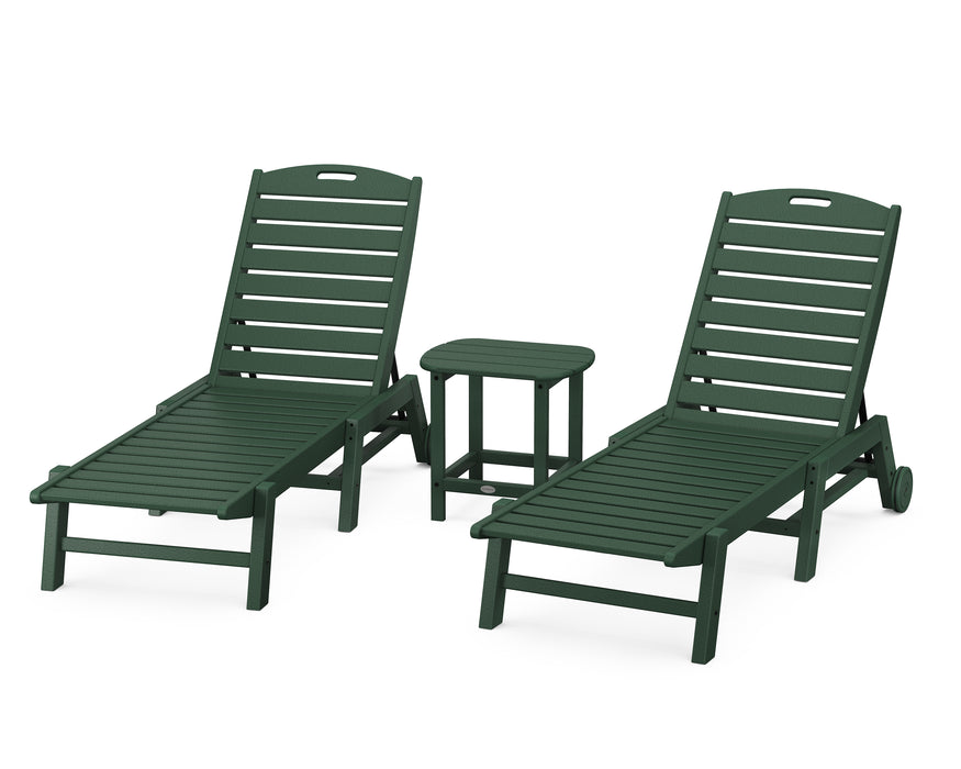 POLYWOOD Nautical 3-Piece Chaise Lounge with Wheels Set with South Beach 18" Side Table in Green image