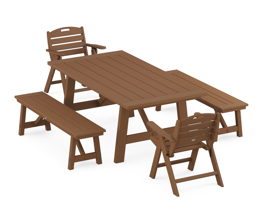 POLYWOOD Nautical Lowback Chair 5-Piece Rustic Farmhouse Dining Set With Benches in Teak image