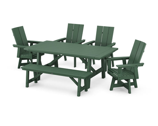 POLYWOOD Modern Curveback Adirondack Swivel Chair 6-Piece Rustic Farmhouse Dining Set with Bench in Green image