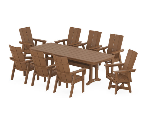 POLYWOOD Modern Curveback Adirondack Swivel 9-Piece Dining Set with Trestle Legs in Teak image