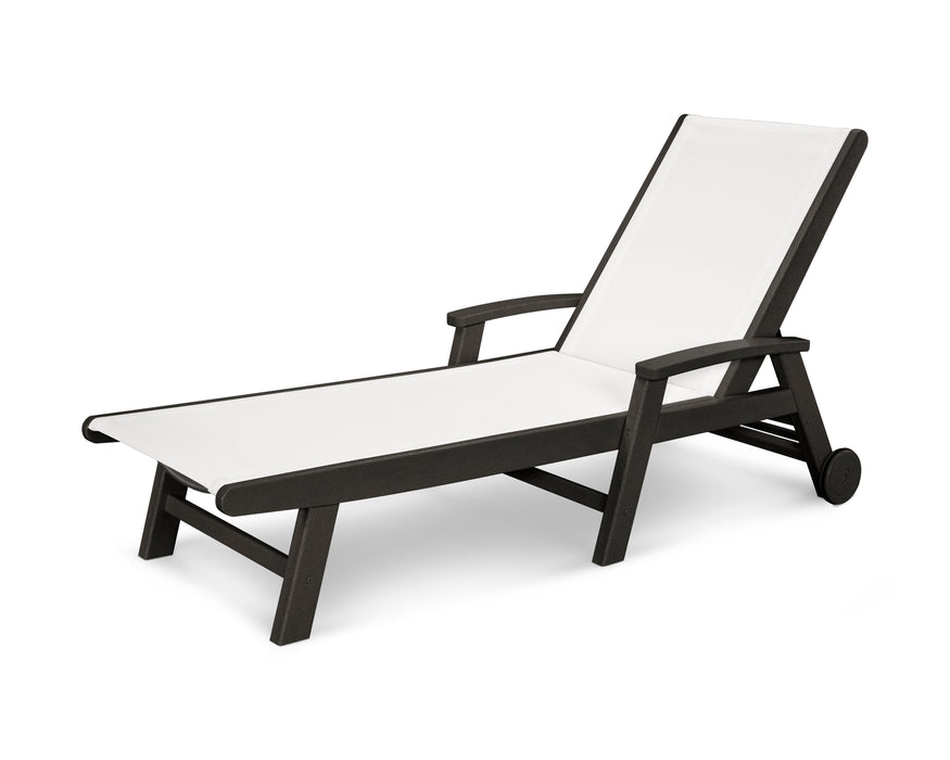 POLYWOOD Coastal Chaise with Wheels in Black / White Sling image