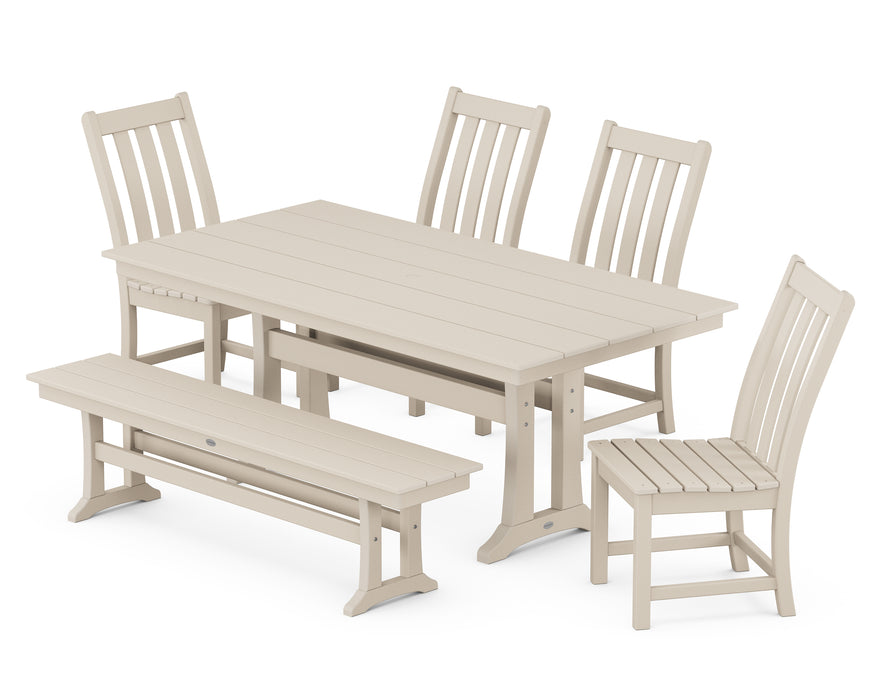 POLYWOOD Vineyard Side Chair 6-Piece Farmhouse Dining Set with Trestle Legs and Bench in Sand