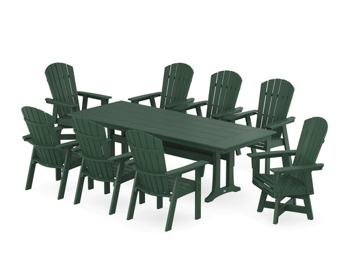 POLYWOOD Nautical Curveback Adirondack Swivel 9-Piece Farmhouse Dining Set with Trestle Legs in Green image