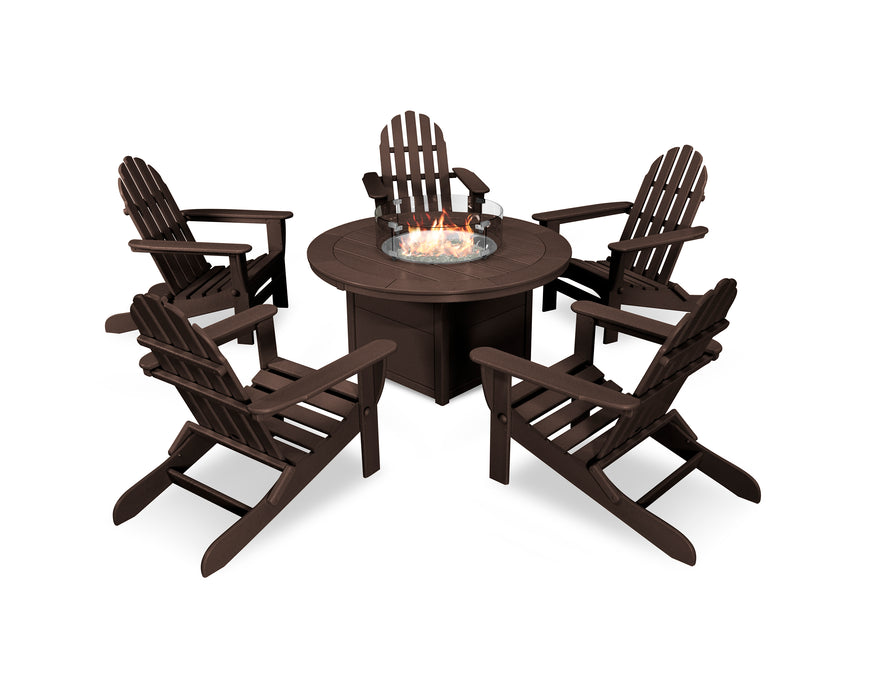 POLYWOOD Classic Folding Adirondack 6-Piece Conversation Set with Fire Pit Table in Mahogany image