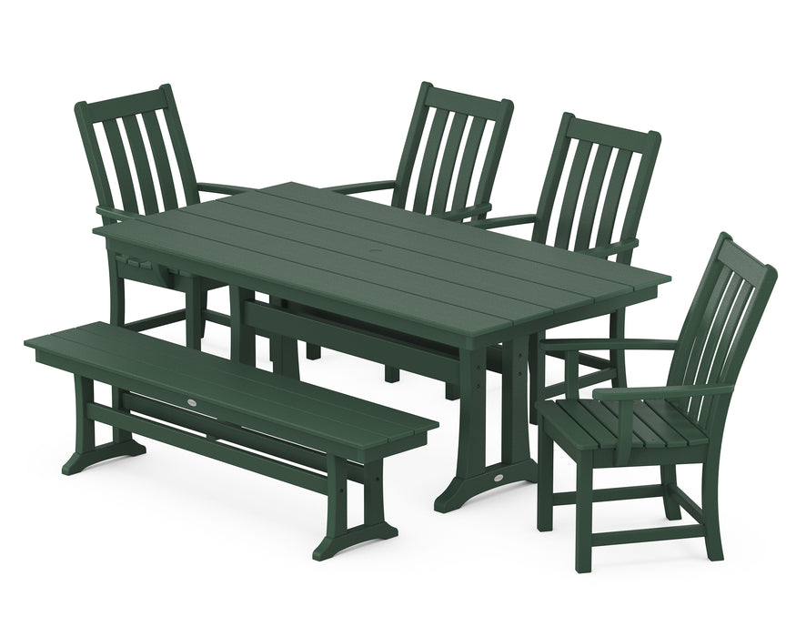 POLYWOOD Vineyard 6-Piece Arm Chair Farmhouse Dining Set with Trestle Legs and Bench in Green