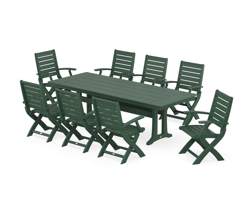 POLYWOOD Signature Folding 9-Piece Farmhouse Trestle Dining Set with Trestle Legs in Green image