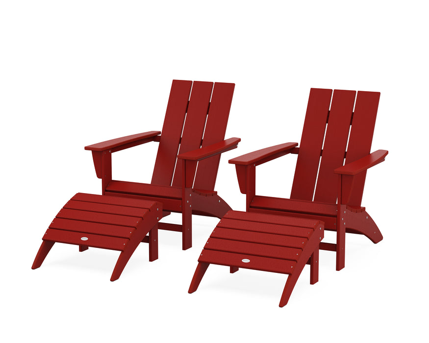 POLYWOOD Modern Adirondack Chair 4-Piece Set with Ottomans in Crimson Red