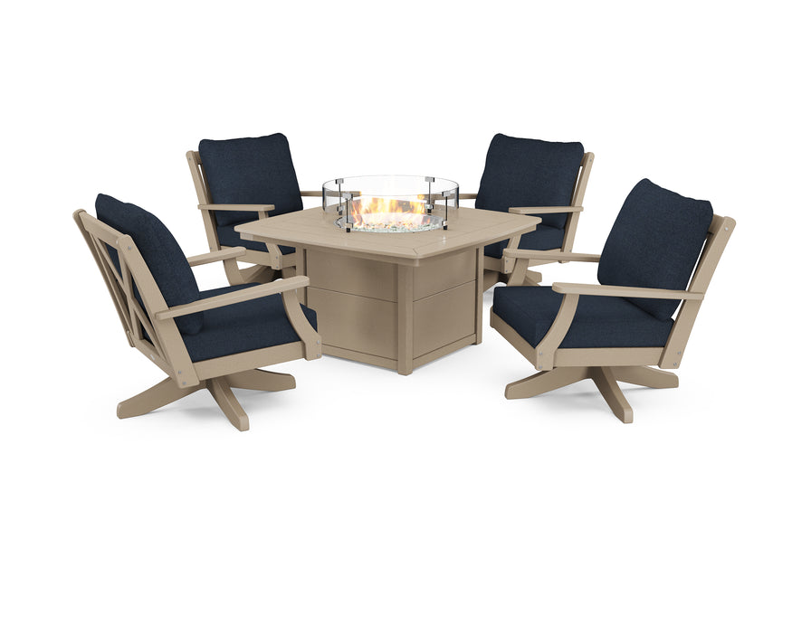 POLYWOOD Braxton 5-Piece Deep Seating Swivel Conversation Set with Fire Pit Table in Vintage Sahara / Marine Indigo image