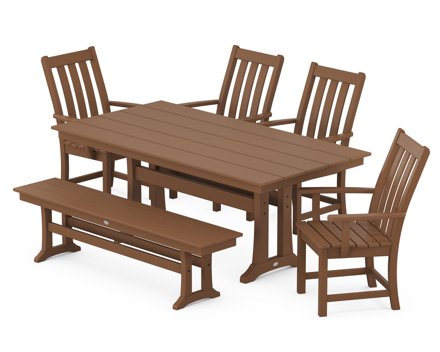 POLYWOOD Vineyard 6-Piece Arm Chair Farmhouse Dining Set with Trestle Legs and Bench in Teak