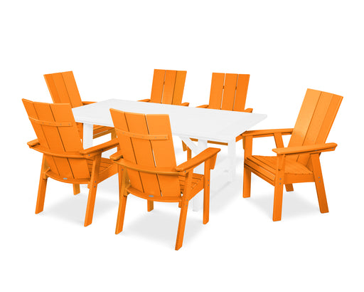 POLYWOOD Modern Curveback Adirondack 7-Piece Rustic Farmhouse Dining Set in Tangerine / White image