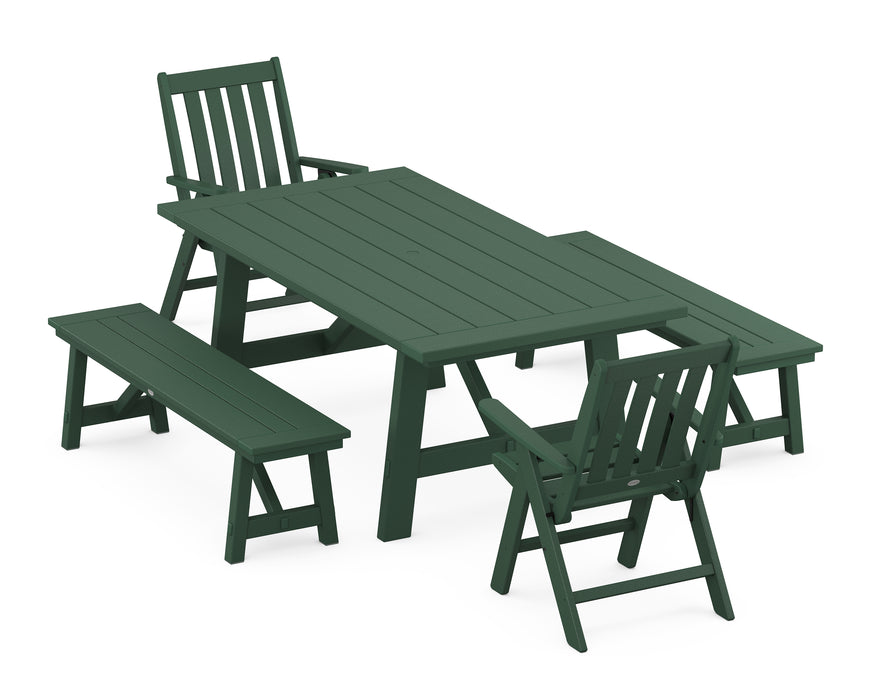 POLYWOOD Vineyard Folding Chair 5-Piece Rustic Farmhouse Dining Set With Benches in Green