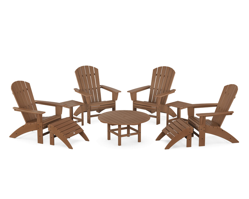 POLYWOOD Nautical Curveback Adirondack Chair 9-Piece Conversation Set in Teak