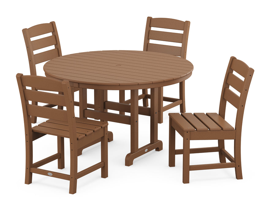 POLYWOOD Lakeside 5-Piece Round Farmhouse Side Chair Dining Set in Teak