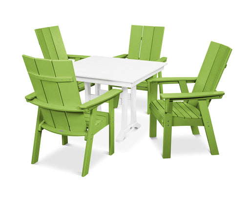 POLYWOOD Modern Curveback Adirondack 5-Piece Farmhouse Trestle Dining Set in Lime / White image