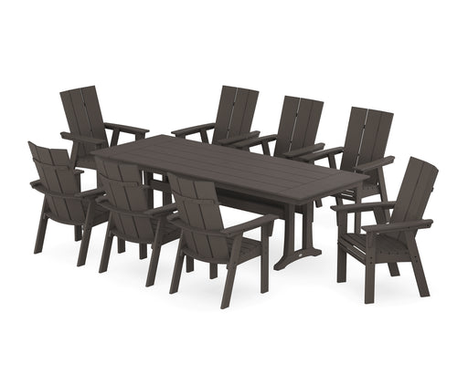 POLYWOOD Modern Curveback Adirondack 9-Piece Farmhouse Dining Set with Trestle Legs in Vintage Coffee image