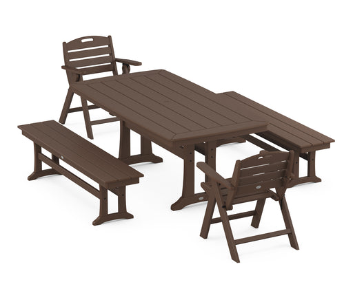 POLYWOOD Nautical Lowback Chair 5-Piece Dining Set with Trestle Legs and Benches in Mahogany image