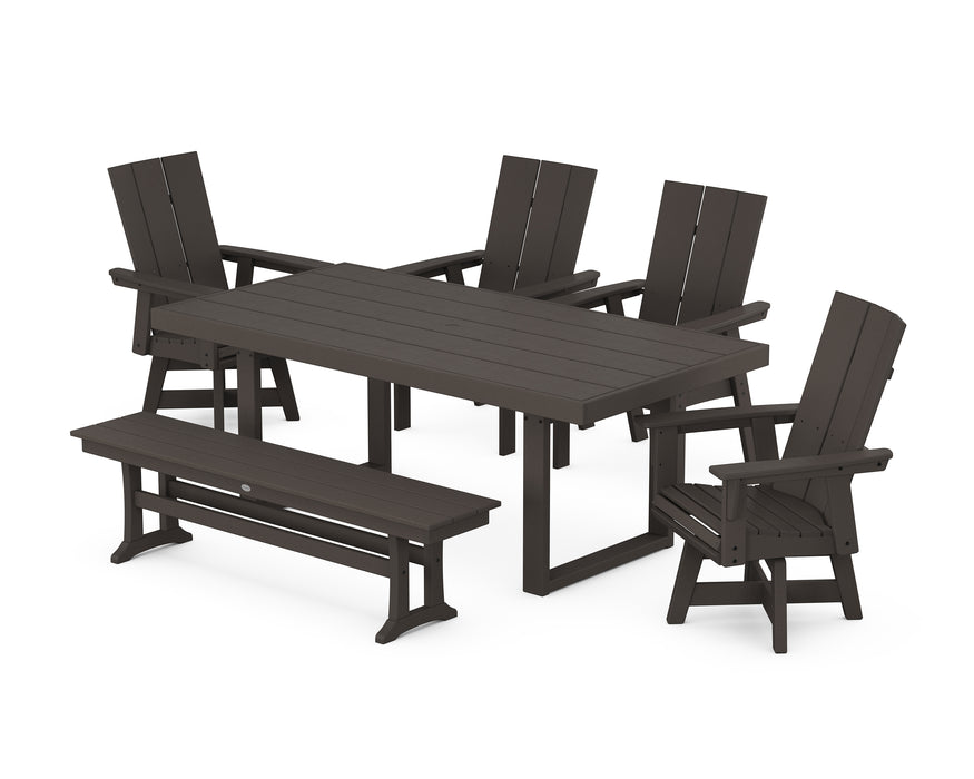 POLYWOOD Modern Curveback Adirondack Swivel Chair 6-Piece Dining Set with Bench in Vintage Coffee image