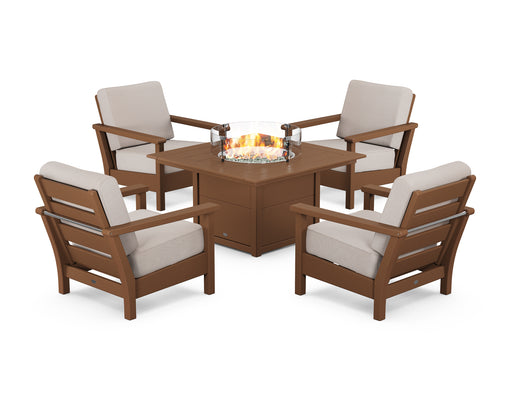 POLYWOOD Harbour 5-Piece Conversation Set with Fire Pit Table in Teak / Dune Burlap image