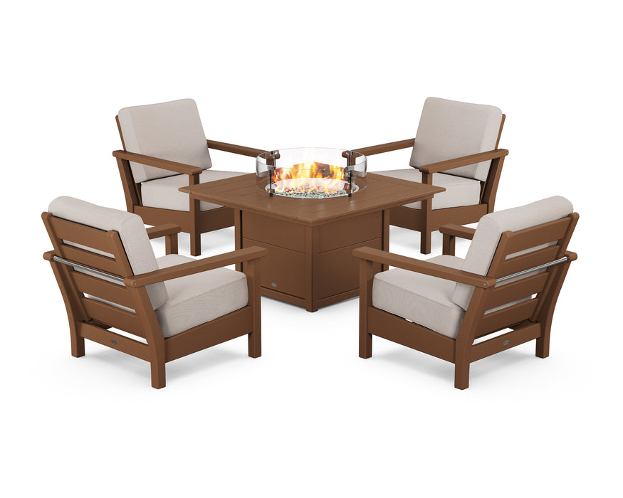 POLYWOOD Harbour 5-Piece Conversation Set with Fire Pit Table in Teak / Dune Burlap image