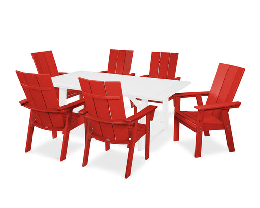 POLYWOOD Modern Curveback Adirondack 7-Piece Rustic Farmhouse Dining Set in Sunset Red / White image