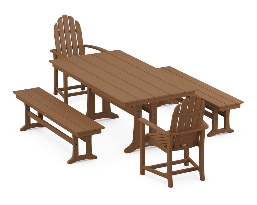 POLYWOOD Classic Adirondack 5-Piece Farmhouse Dining Set With Trestle Legs in Teak