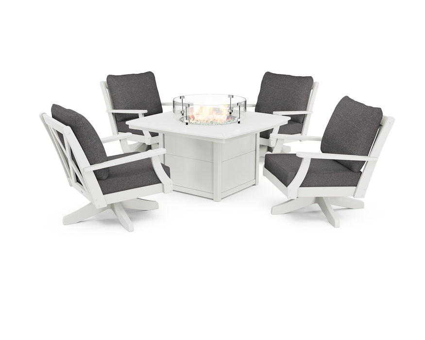 POLYWOOD Braxton 5-Piece Deep Seating Swivel Conversation Set with Fire Pit Table in Vintage White / Ash Charcoal image