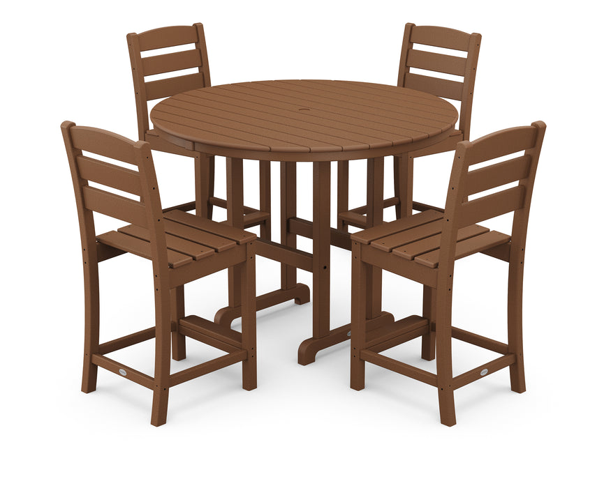 POLYWOOD Lakeside 5-Piece Farmhouse Round Side Chair Counter  Set in Teak image