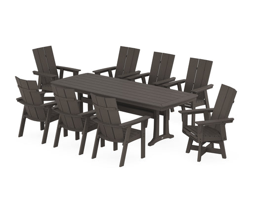 POLYWOOD Modern Curveback Adirondack Swivel 9-Piece Dining Set with Trestle Legs in Vintage Coffee image