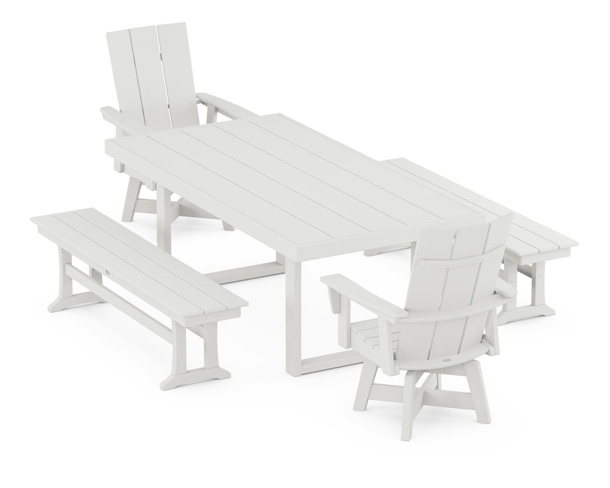 POLYWOOD Modern Adirondack Swivel Chair 5-Piece Dining Set with Benches in Vintage White image