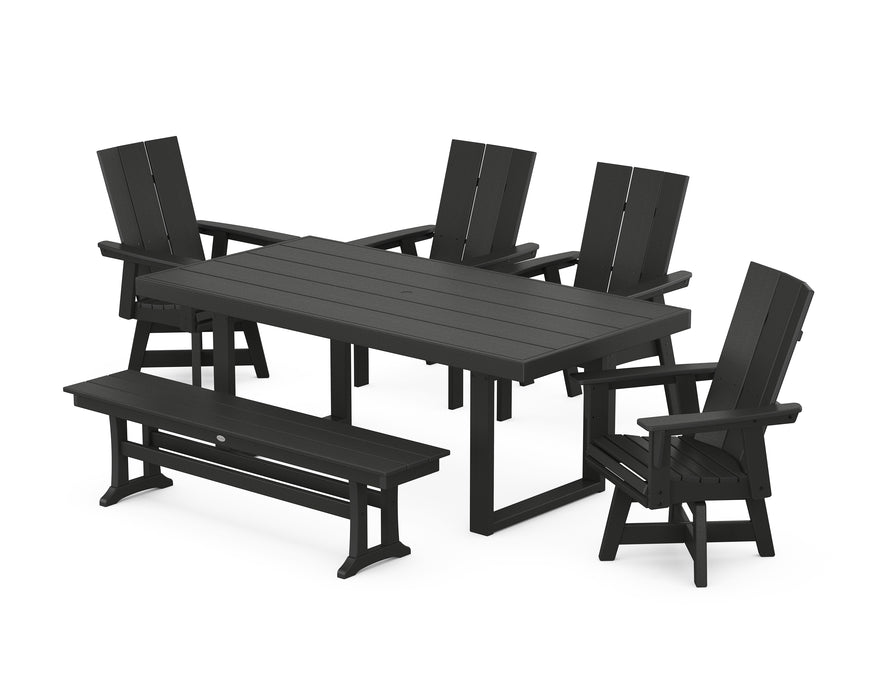 POLYWOOD Modern Curveback Adirondack Swivel Chair 6-Piece Dining Set with Bench in Black image