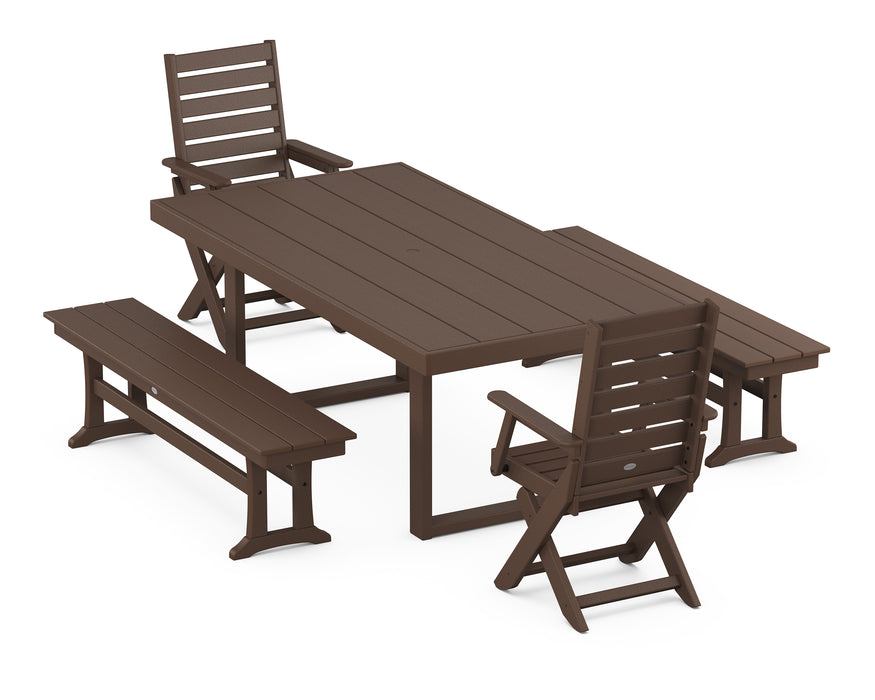 POLYWOOD Captain 5-Piece Dining Set with Benches in Mahogany