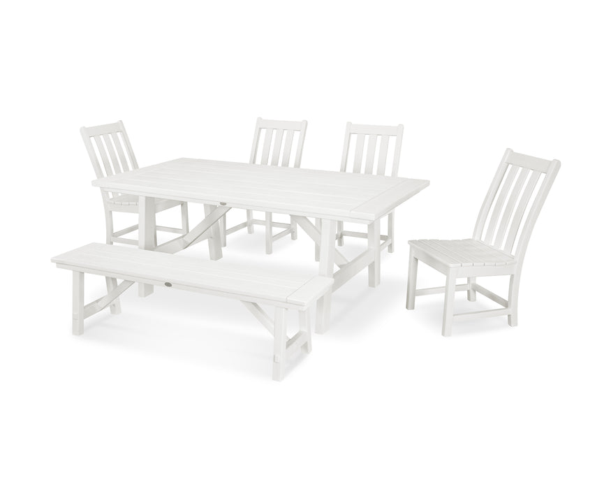 POLYWOOD Vineyard 6-Piece Rustic Farmhouse Side Chair Dining Set with Bench in Vintage White