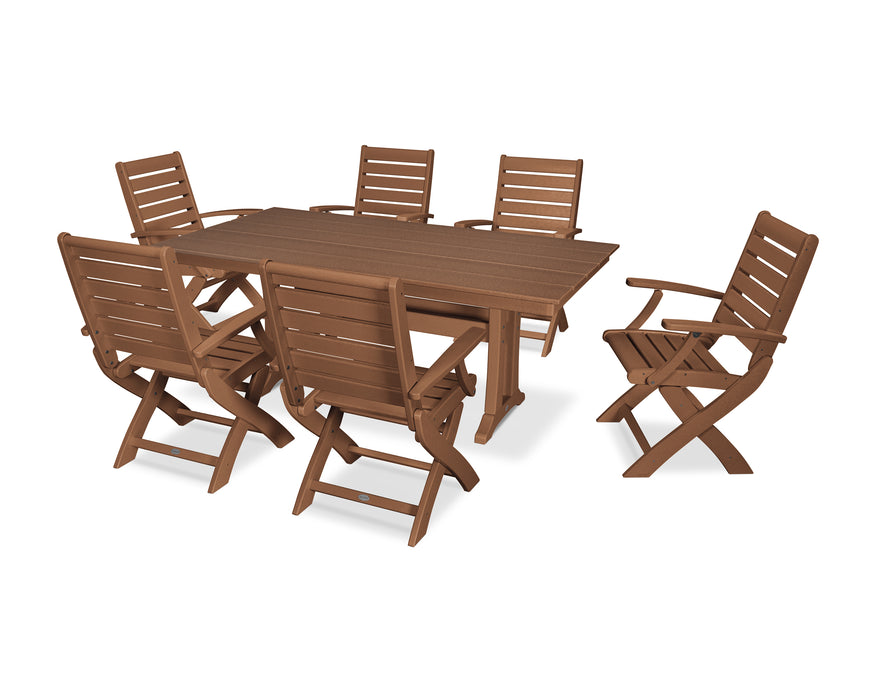 POLYWOOD Signature Folding Chair 7-Piece Farmhouse Dining Set with Trestle Legs in Teak