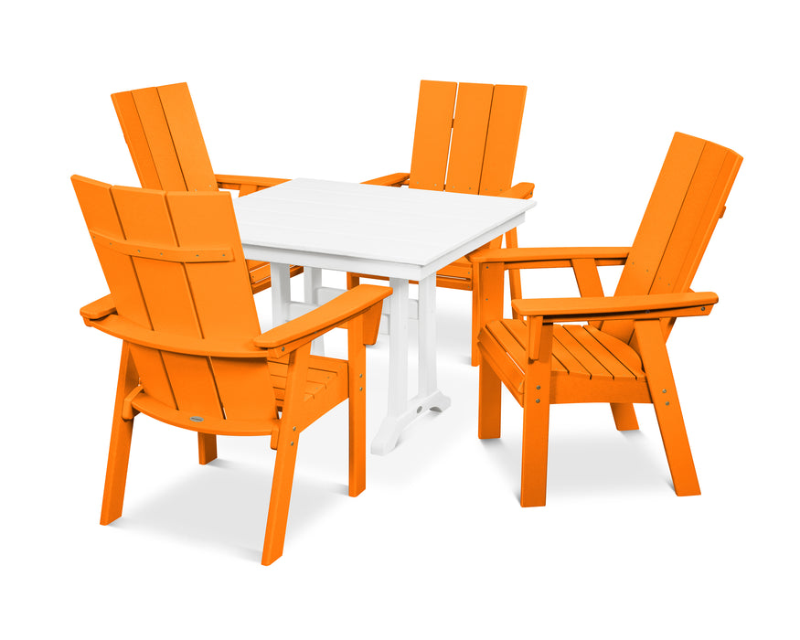 POLYWOOD Modern Curveback Adirondack 5-Piece Farmhouse Trestle Dining Set in Tangerine / White image