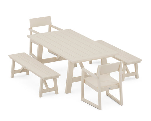 POLYWOOD EDGE 5-Piece Rustic Farmhouse Dining Set With Benches in Sand image