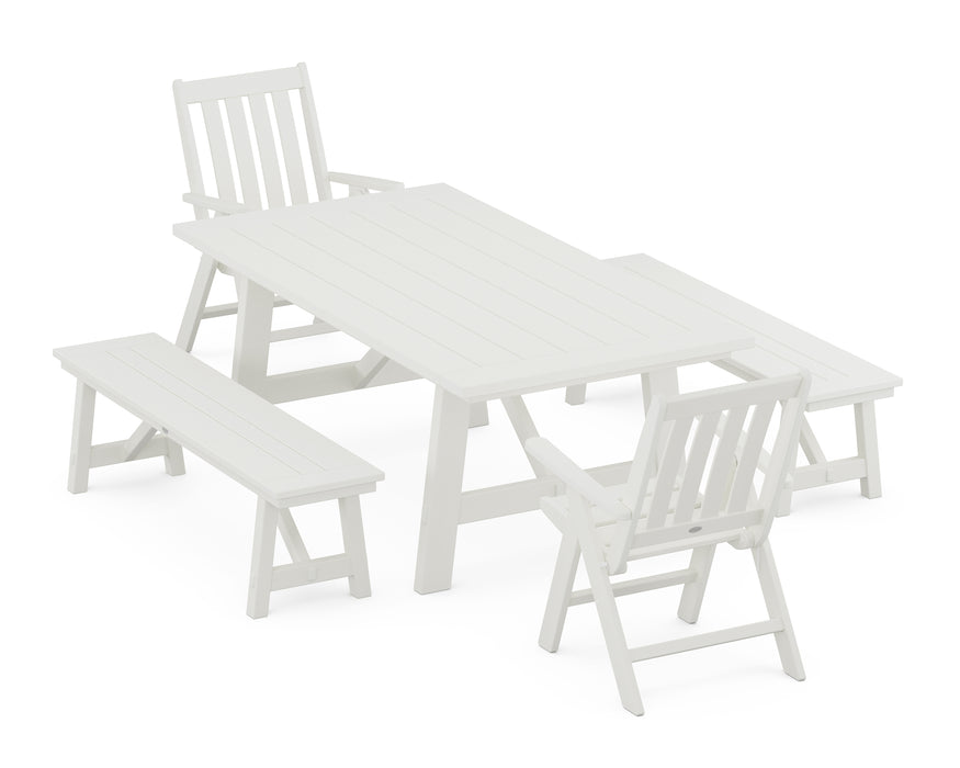 POLYWOOD Vineyard Folding Chair 5-Piece Rustic Farmhouse Dining Set With Benches in Vintage White