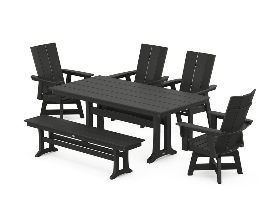 POLYWOOD Modern Curveback Adirondack Swivel Chair 6-Piece Farmhouse Dining Set With Trestle Legs and Bench in Black image