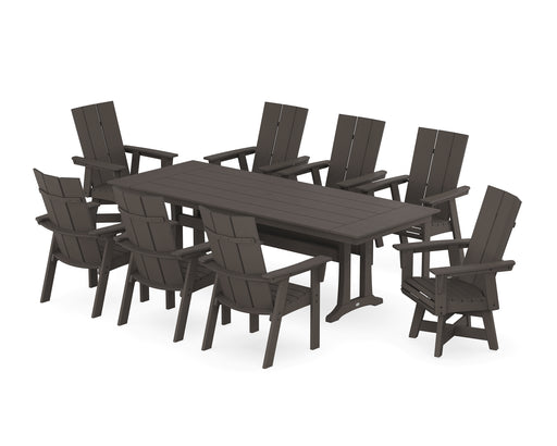 POLYWOOD Modern Curveback Adirondack Swivel 9-Piece Farmhouse Dining Set with Trestle Legs in Vintage Coffee image