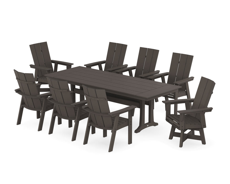 POLYWOOD Modern Curveback Adirondack Swivel 9-Piece Farmhouse Dining Set with Trestle Legs in Vintage Coffee