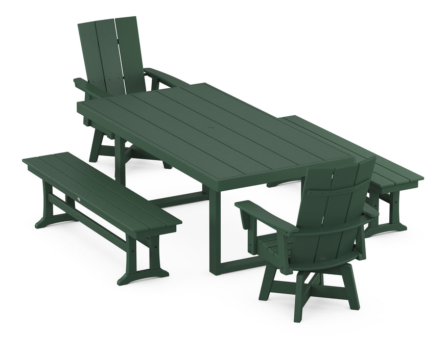 POLYWOOD Modern Adirondack Swivel Chair 5-Piece Dining Set with Benches in Green image