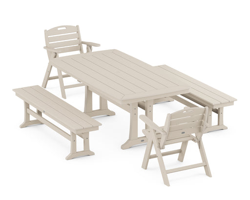 POLYWOOD Nautical Lowback Chair 5-Piece Dining Set with Trestle Legs and Benches in Sand image